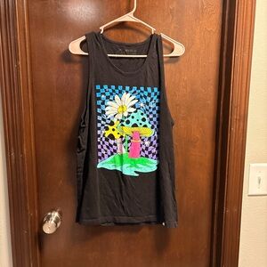Black Graphic Tank Top with Neon Mushroom & Daisy Print